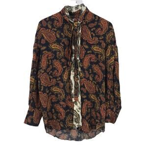 Rokh Double Tie Neck Silk Blouse 8 Paisley Button Front High Neck Long Sleeve